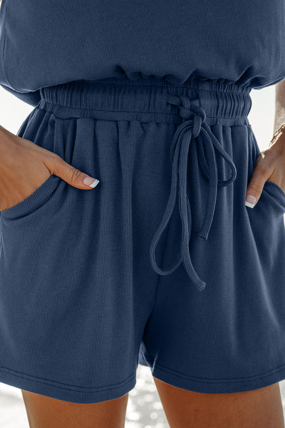 Blue Open Back Drawstring Romper