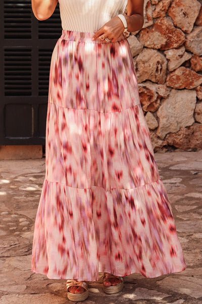 Pink Watercolor Tiered Maxi Skirt