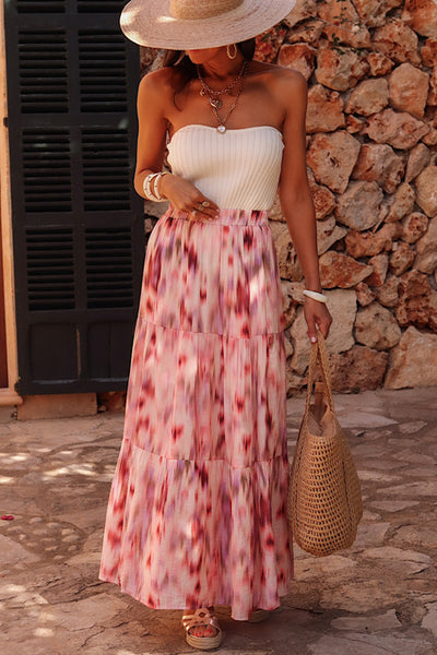 Pink Watercolor Tiered Maxi Skirt