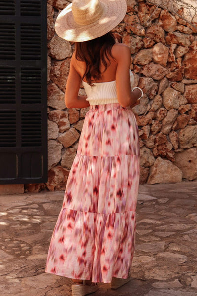 Pink Watercolor Tiered Maxi Skirt