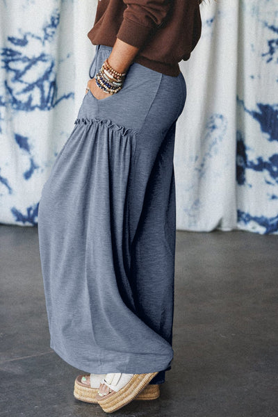 Grey Frilled Wide Leg Knit Pants