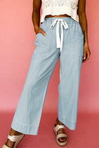 Sky Blue Striped Mid-Rise Drawstring Jeans
