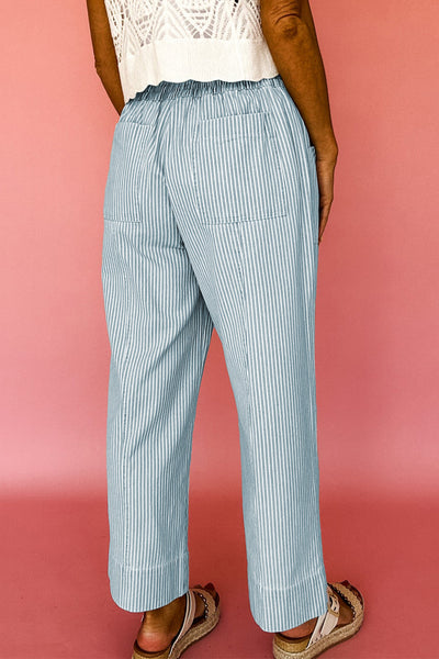 Sky Blue Striped Mid-Rise Drawstring Jeans