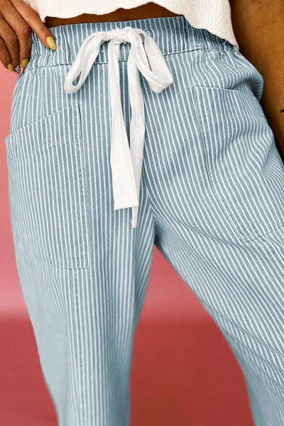 Sky Blue Striped Mid-Rise Drawstring Jeans