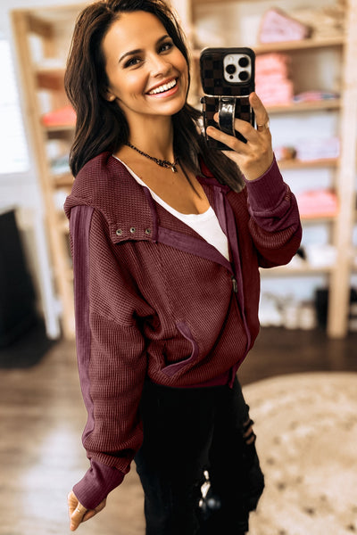 Burgundy Waffle Full Zip Hooded Sweatshirt