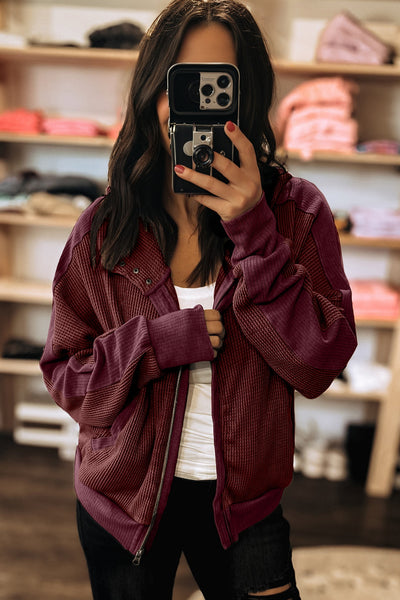 Burgundy Waffle Full Zip Hooded Sweatshirt