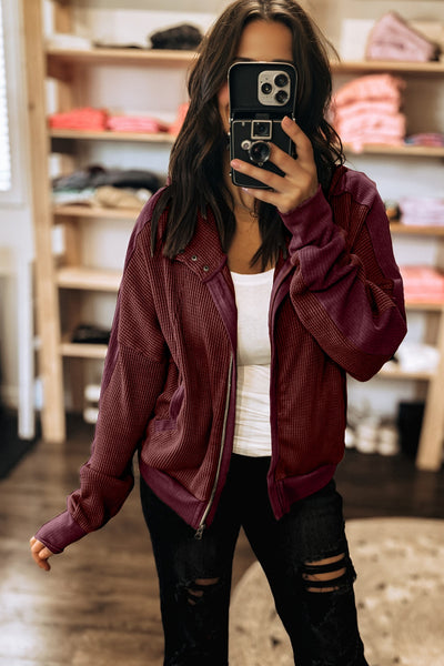 Burgundy Waffle Full Zip Hooded Sweatshirt