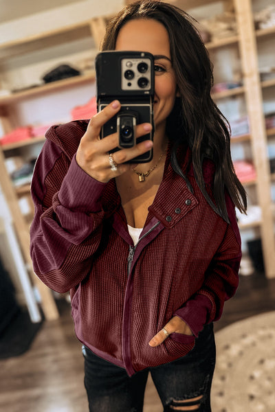 Burgundy Waffle Full Zip Hooded Sweatshirt