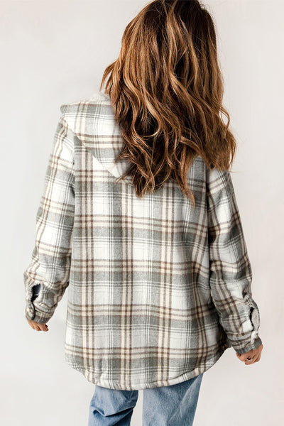 Gray Plaid Sherpa Lined Hooded Shacket