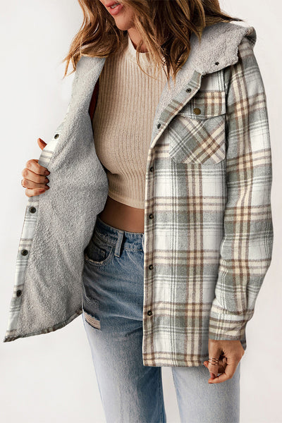 Gray Plaid Sherpa Lined Hooded Shacket