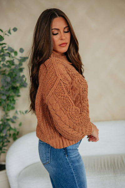 Rust Mock Neck Cable Knit Sweater