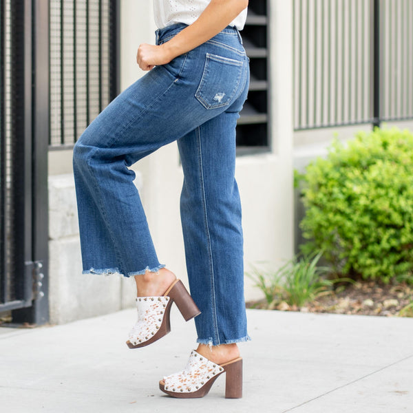 Lovervet Sadie Mid Rise Raw Hem Wide Leg Jeans