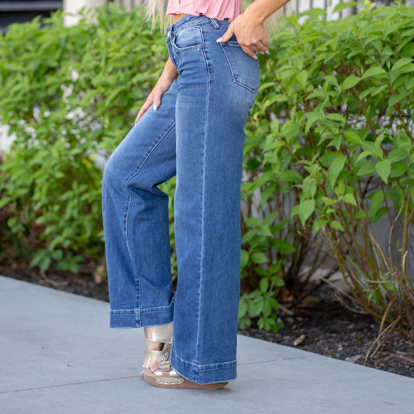 Flying Monkey Margot High Rise Trouser Hem Wide Leg Jeans