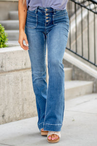 Vervet Sadie Mid Rise Button Fly Trouser Hem Flare Jeans
