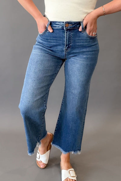 Risen Lainey Dark Wash Mid-Rise Cropped Straight Jeans