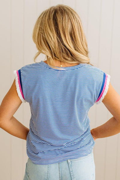 Blue Stripe Ruffle Sleeve Top