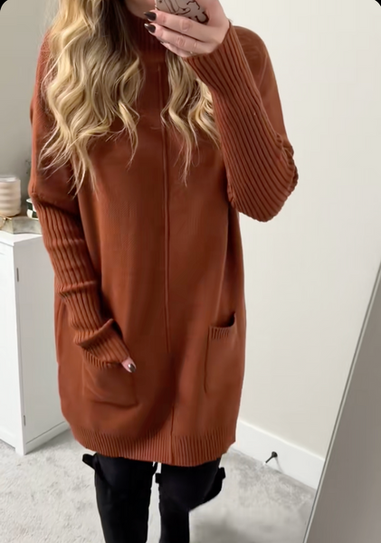 Chestnut Ribbed Mockneck Sweater Dress