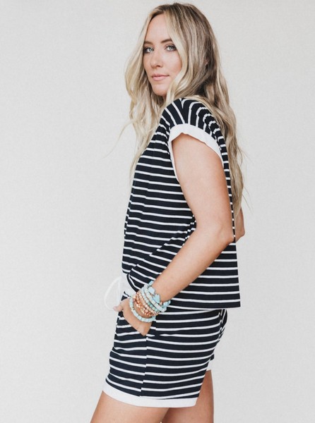 Black Stripe Tee & Shorts Set