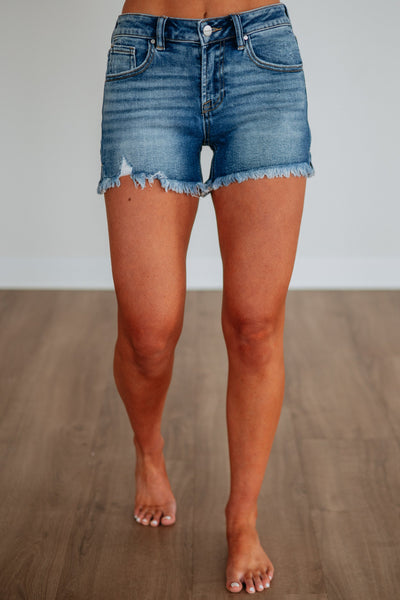 Risen Low-Rise Frayed Denim Shorts