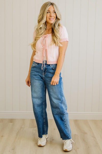 Blush & Off White Tie Front Short Sleeve Cardigan