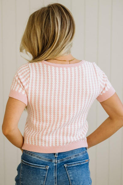 Blush & Off White Tie Front Short Sleeve Cardigan