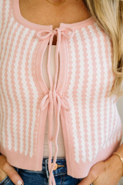 Blush & Off White Tie Front Short Sleeve Cardigan