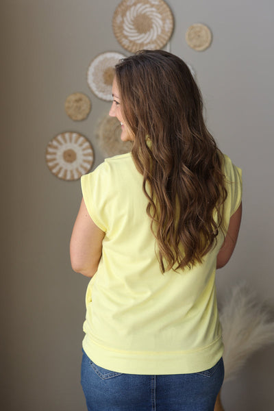Yellow High Neck Cap Sleeve Top With Pockets