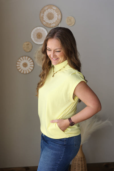 Yellow High Neck Cap Sleeve Top With Pockets