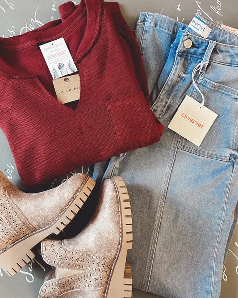 Burgundy V-Neck Textured Top