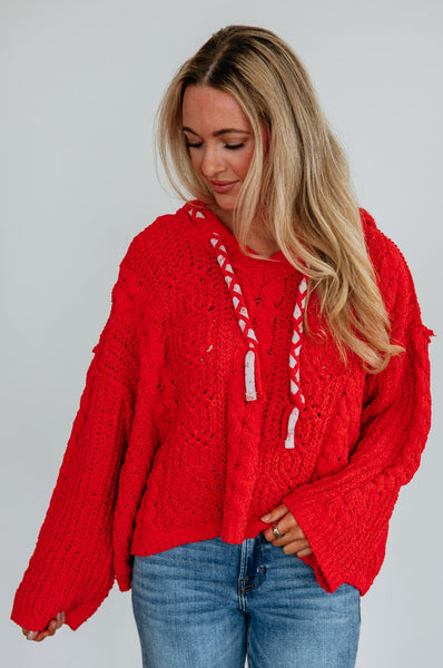 Red Hooded Chenille Cable Knit Sweater