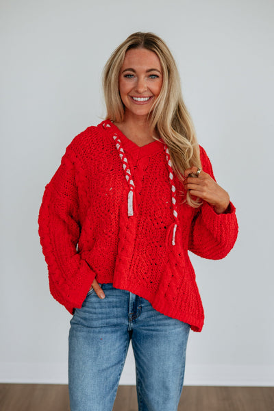 Red Hooded Chenille Cable Knit Sweater