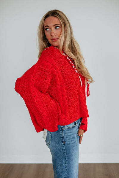 Red Hooded Chenille Cable Knit Sweater