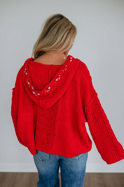 Red Hooded Chenille Cable Knit Sweater