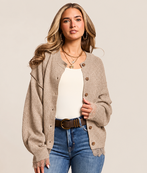 Lace Trim Exposed Seam Button Down Knit Cardigan