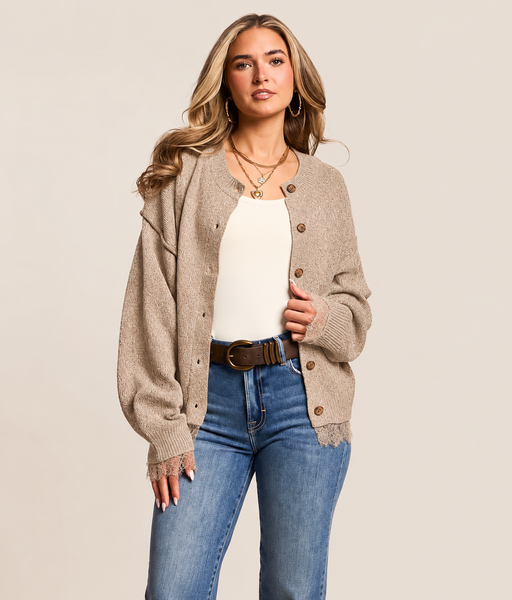 Lace Trim Exposed Seam Button Down Knit Cardigan