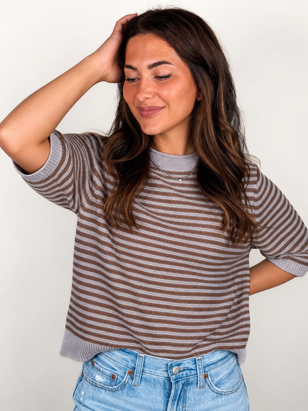 Gray and Mocha Textured Stripe Crew Neck Half Sleeve Sweater