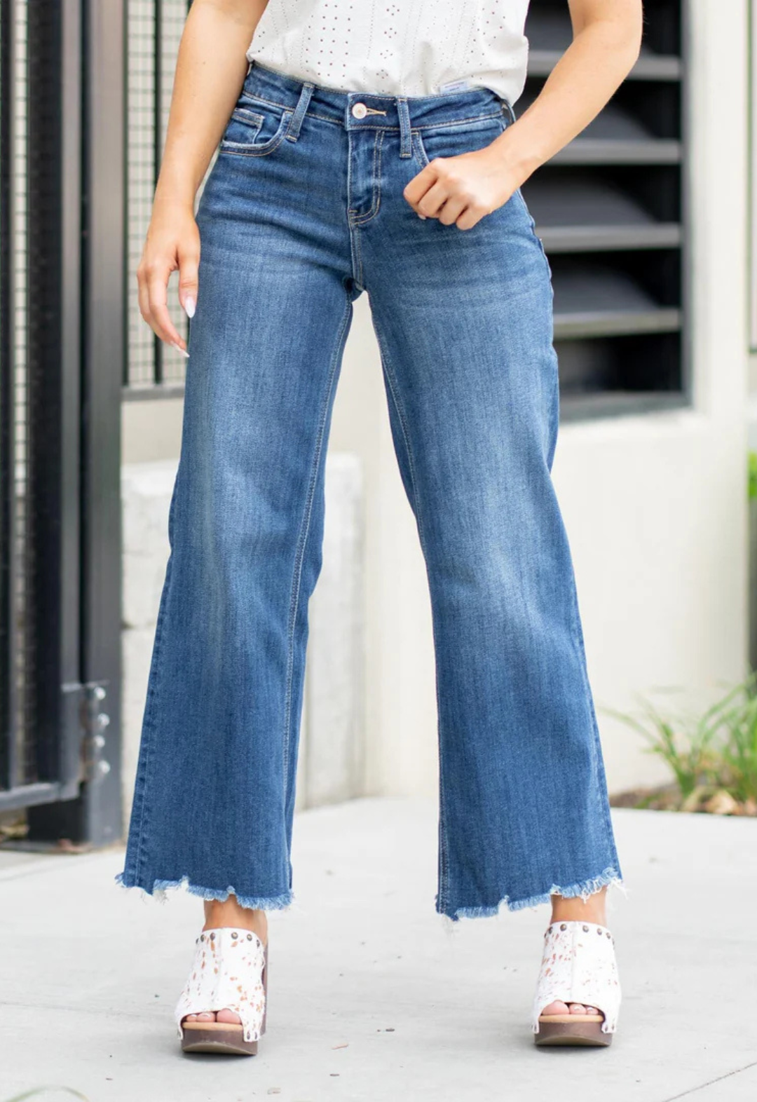 Lovervet Sadie Mid Rise Raw Hem Wide Leg Jeans