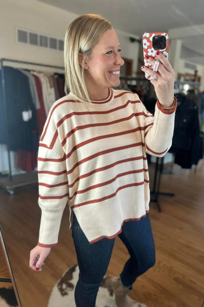 Cream & Rust Striped Knit Sweater