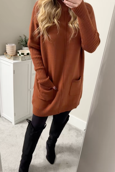 Chestnut Ribbed Mockneck Sweater Dress