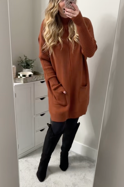 Chestnut Ribbed Mockneck Sweater Dress