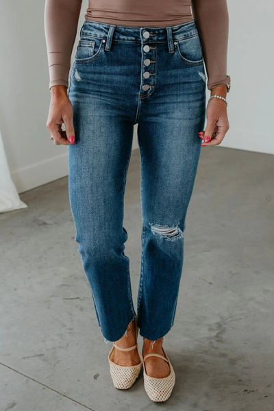 Risen Briar High Rise Button Fly Distressed Straight Jeans