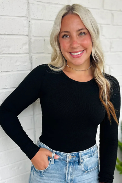 Black Ribbed Long Sleeve Bodysuit