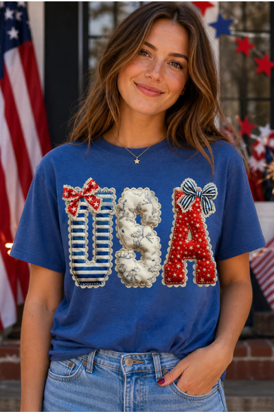 Royal Blue USA Girly Pop Bow Graphic Tee