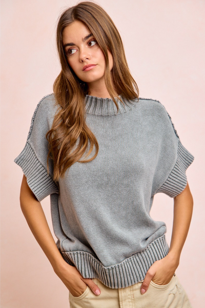Smoke Grey Acid Wash Short Sleeve Sweater