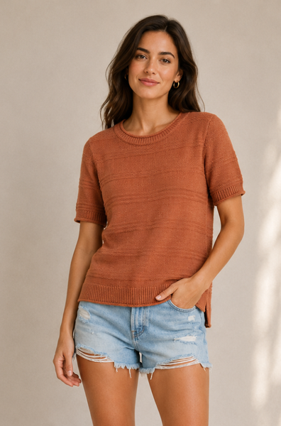 Rust Textured Short Sleeve Sweater