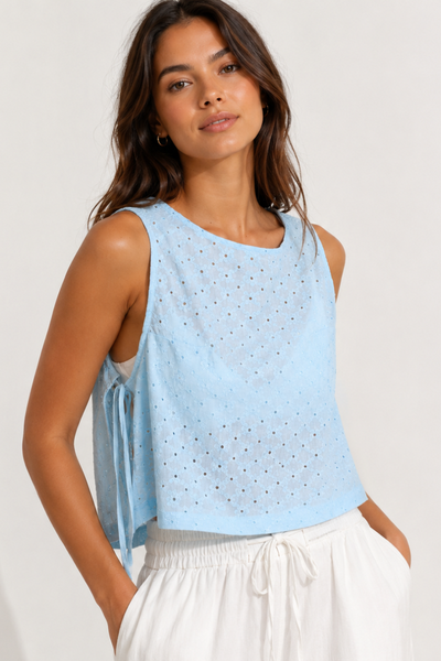 Baby Blue Sleeveless Textured Eyelet Top With Side Straps