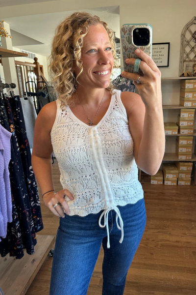 Ivory Crochet Knit Drawstring Sweater Vest