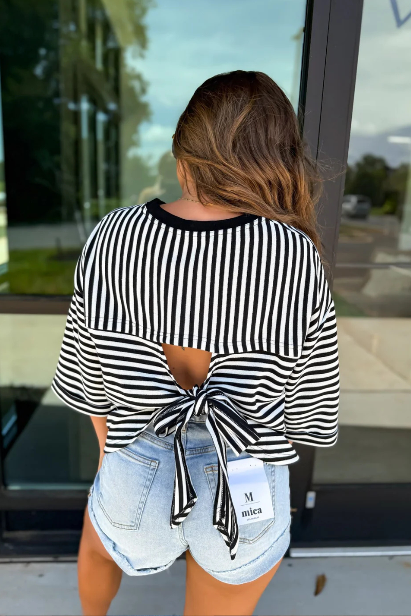 Black Stripe Bow Cutout Wide Sleeve Top