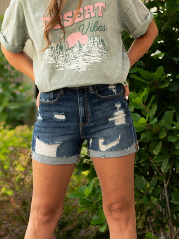 Sneak Peek Medium Wash Distressed Cuffed Hem Shorts