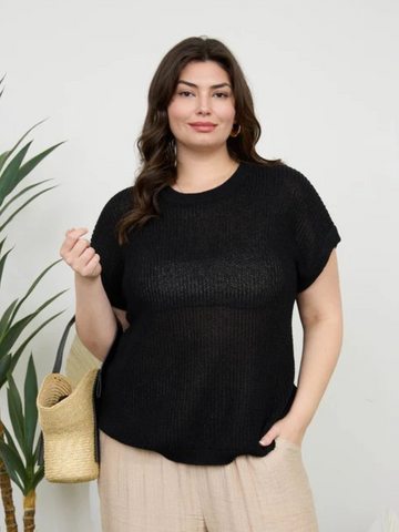 Curvy Black Short Sleeve Knit Pullover